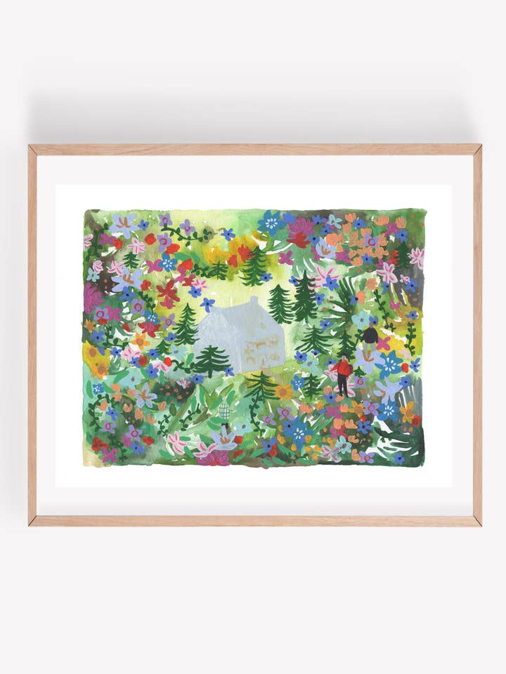 Impression d'art « Maison dans une forêt de fleurs sauvages » pour la vente par Persika Design Co.