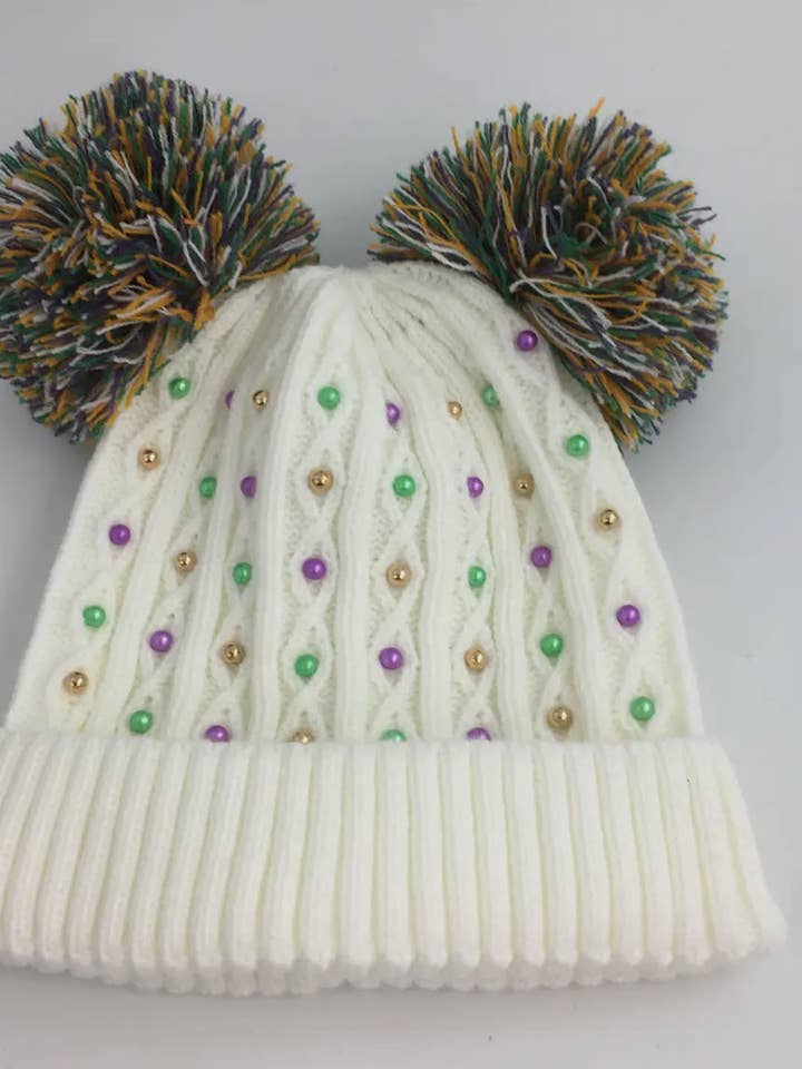 Double POM Mardi Gras Beanie for wholesale by Megan's Design Lab