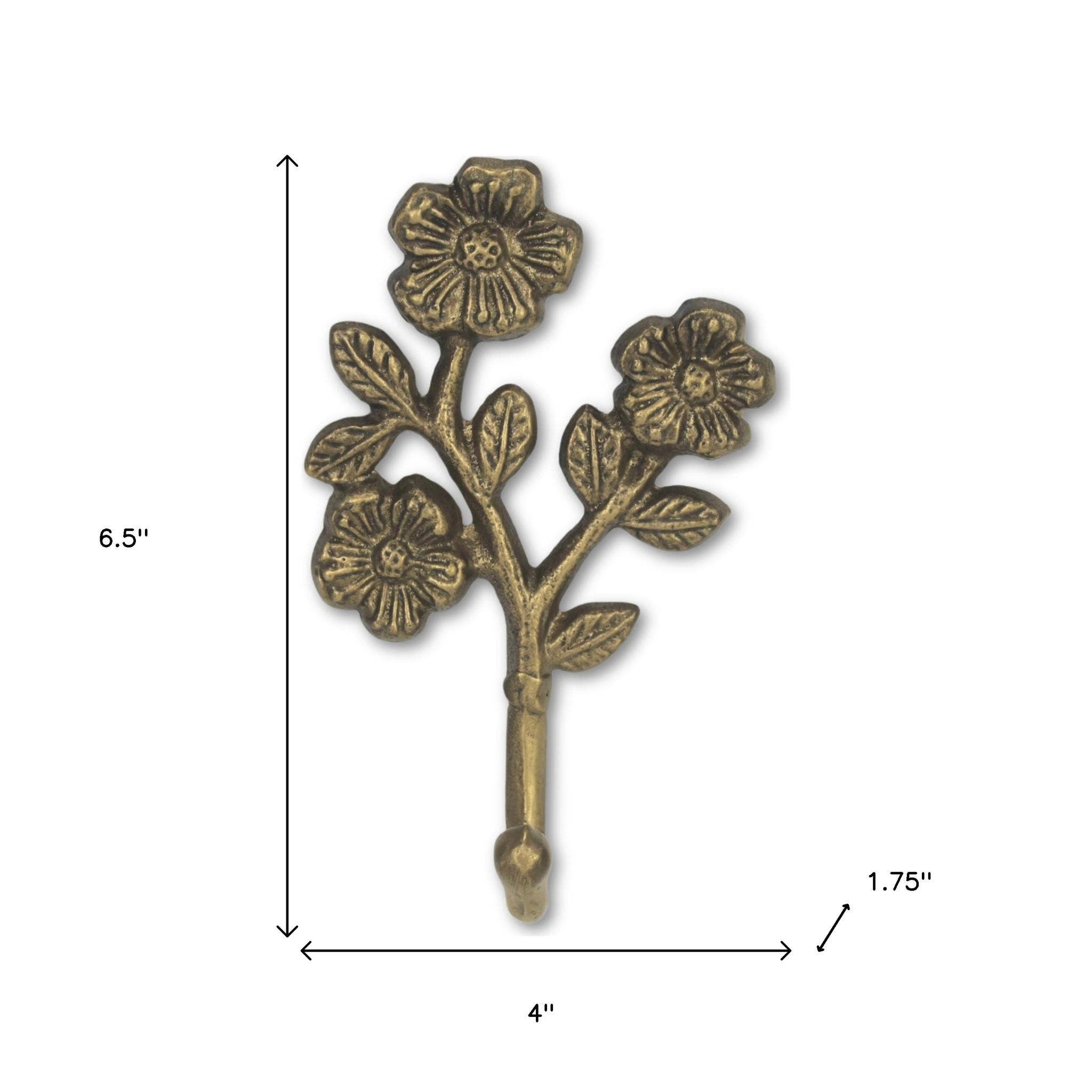 HomeRoots - Wholesale Clothes Hangers - 4" Antiqued Gold Cast Iron Flower Wall Hook2