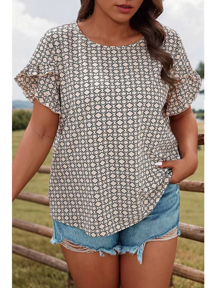 As shown Fashion-W Plus Size Geometric Print Ruffled Sleeve Blouse for wholesale on Faire