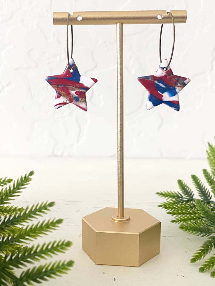 4th of july earrings, clay, handmade, red, white, blue, star for wholesale by midnightclayco