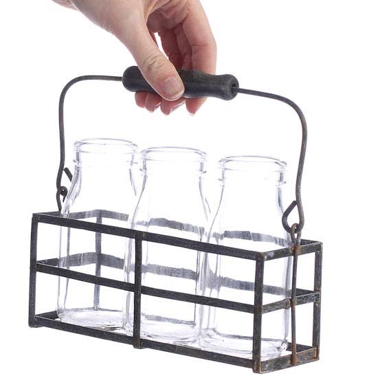 Factory Direct Craft – wholesale Basket – Rustic Distressed Metal Wire Caddy with Glass Bottles 2