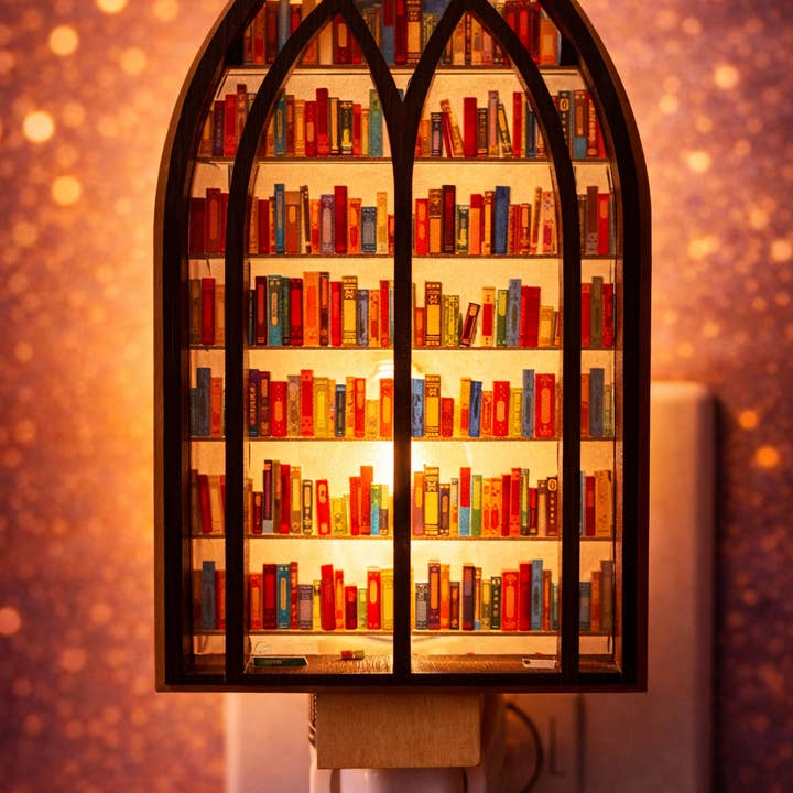 Led nightlight, book nook cathedral night light, library-inspired stained glass, cozy reading decor for wholesale by Form Hous