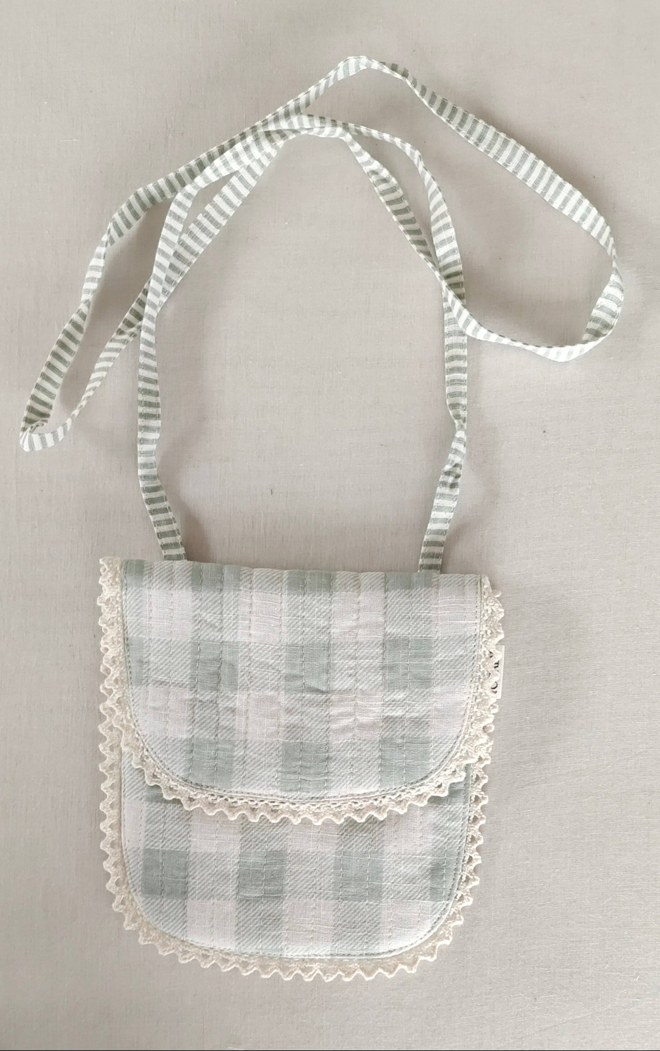 Yo Baby - Wholesale Tote Bag - Kids - Sage Checks & Stripe Kids' Small Tote Bag with Magnetic Closure and Lace Detailing1