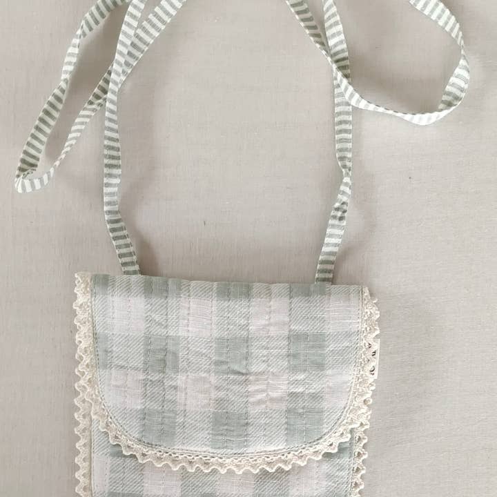 Yo Baby - Wholesale Tote Bag - Kids - Sage Checks & Stripe Kids' Small Tote Bag with Magnetic Closure and Lace Detailing1