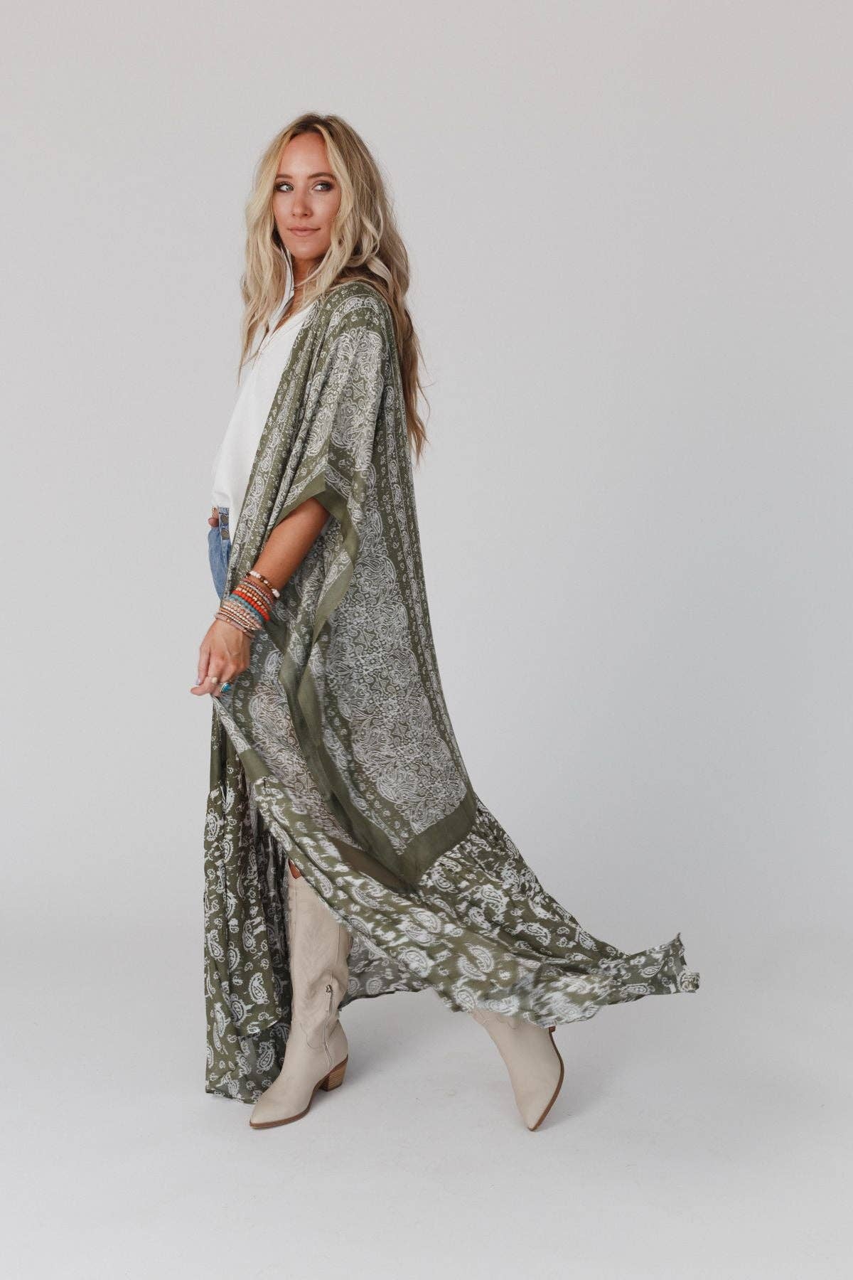 Three Bird Nest - Wholesale Kimono - Women's - Paisley Tapestry Free Flow Duster Kimono - Olive14