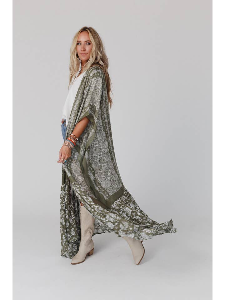 Three Bird Nest - Wholesale Kimono - Women's - Paisley Tapestry Free Flow Duster Kimono - Olive14