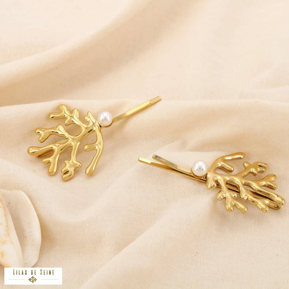 Yellow gold 2 Coral Hair Clips Steel Acrylic Pearl 0625041 for wholesale on Faire0