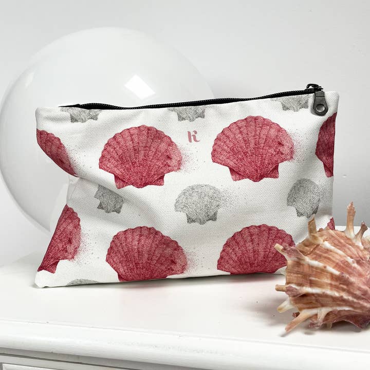 scallop shell makeup bag (white) for wholesale by Kelsey Emblow Illustration