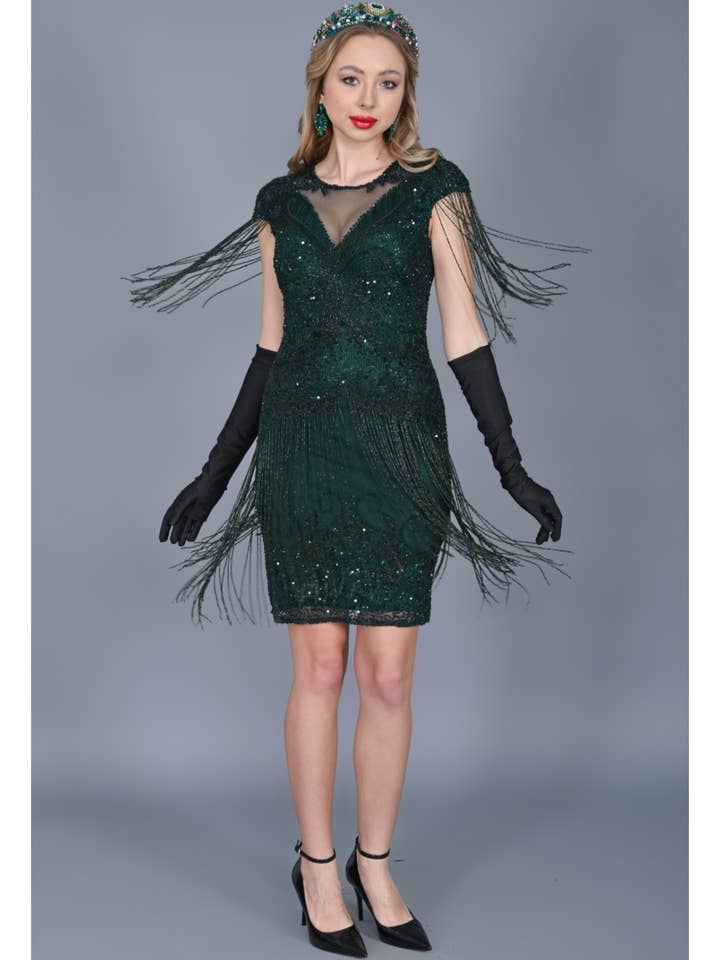 Sybill Fringe Flapper Dress in Green for wholesale by Gatsbylady London