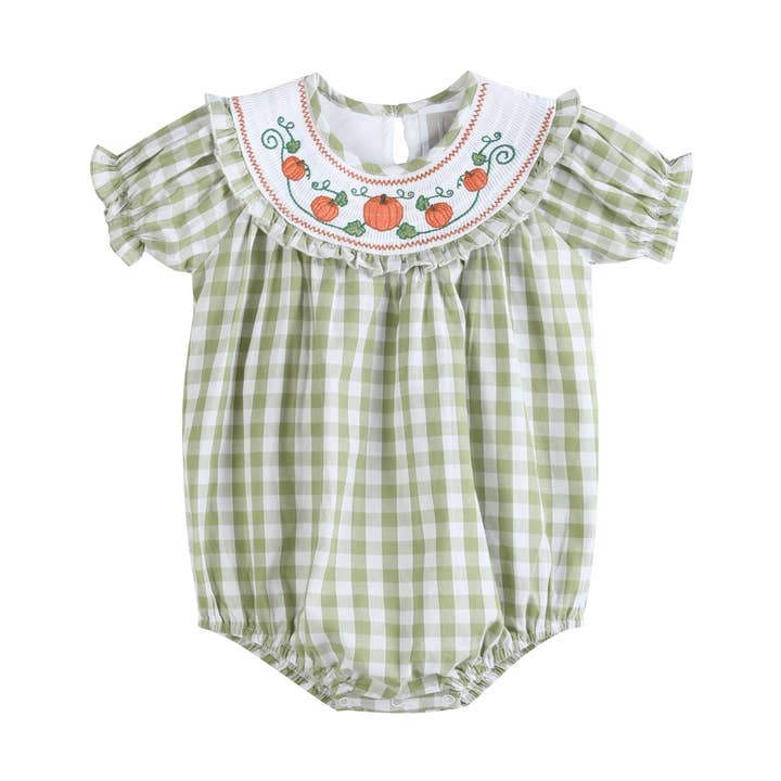Lil Cactus - Wholesale Bodysuit (Non-Footed) - Baby - Sage Green Gingham Pumpkin Smocked Romper0