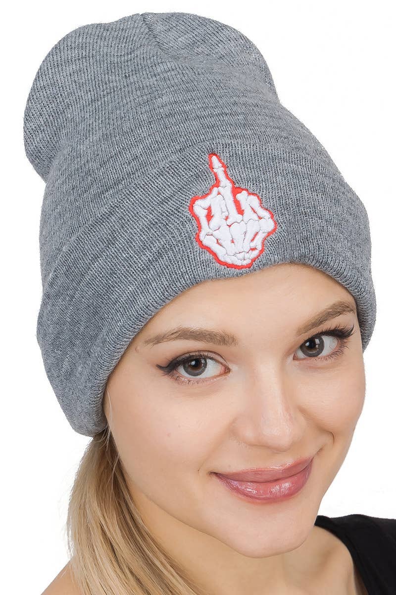 Cap Zone - Wholesale Beanie - Women's - Middle Finger Up Skeleton Cuffed Classic Beanie2