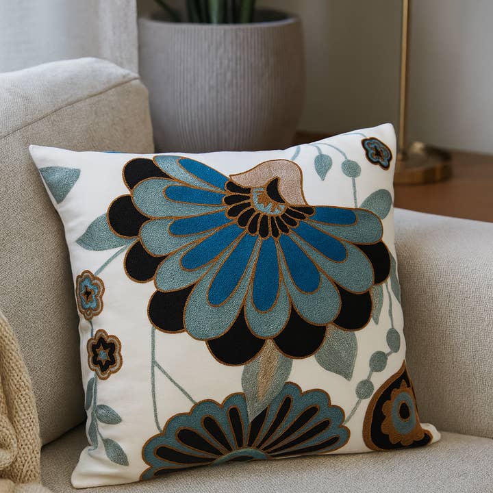 Crewel Work Down Filled Cotton 17" Throw Pillow for wholesale by Fennco Styles