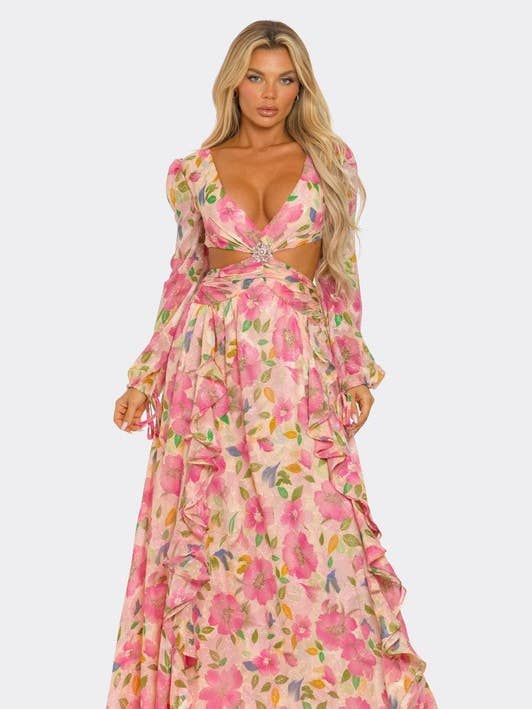 BCCD63316 Floral Hollow-Back Tie-Back Maxi Dress for wholesale by BANJUL