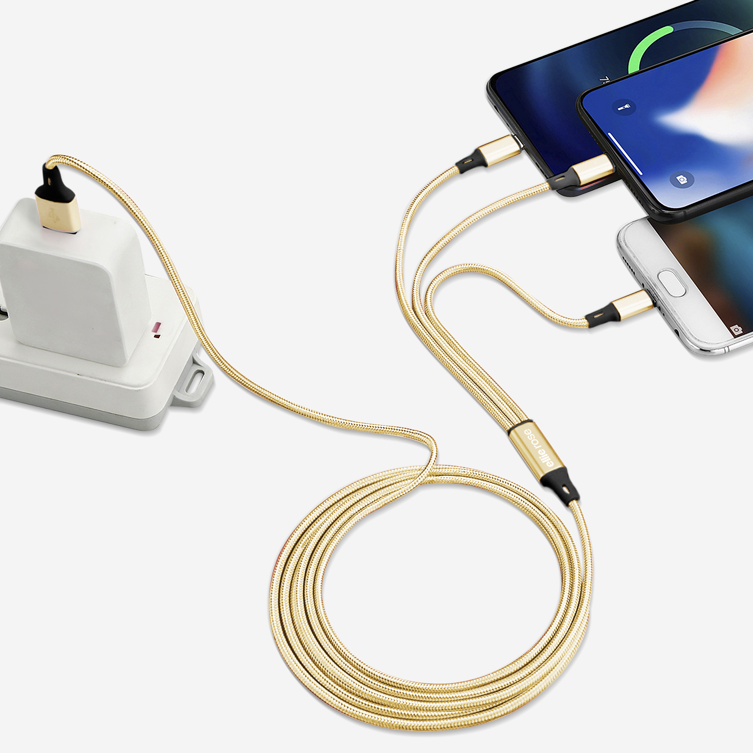 Ellie Rose - Wholesale Charging Cable - 3-in-1 Charging Cable 10 Ft Nylon - Gold (USB A)3