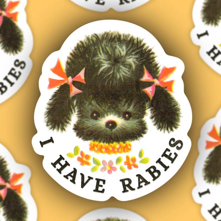 Jeg har rabies, sjovt vintage hundeillustrationsklistermærke for engroshandel hos Sage and Virgo