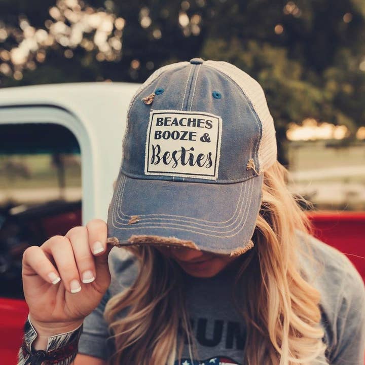 Vintage Life - Wholesale Trucker Hat - Women's - Beaches Booze & Besties Distressed Trucker Hat Baseball Cap1