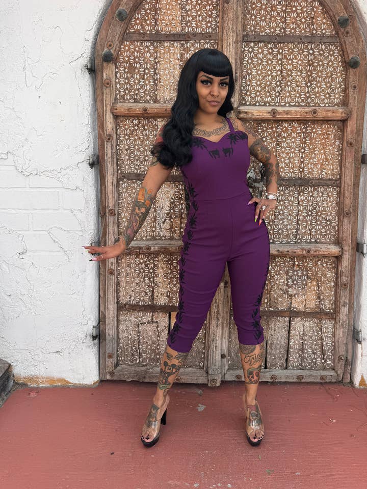 Chelada jumpsuit plum for wholesale by Rockin Bettie