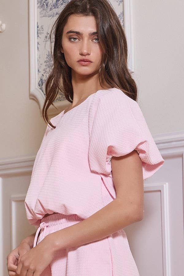 BUCKETLIST INC - Wholesale Knit Top - Women's - T2304-1 Bubble Hem And Sleeve Textured Crop Top0