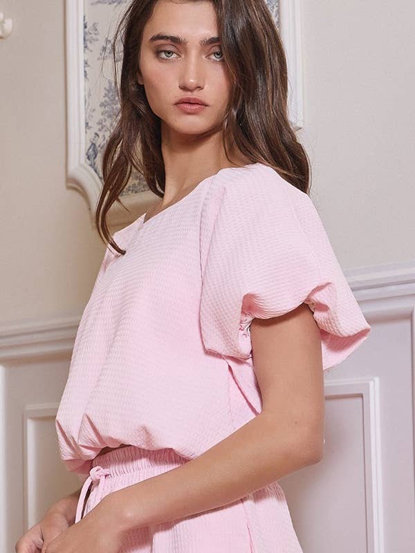 BUCKETLIST INC - Wholesale Knit Top - Women's - T2304-1 Bubble Hem And Sleeve Textured Crop Top