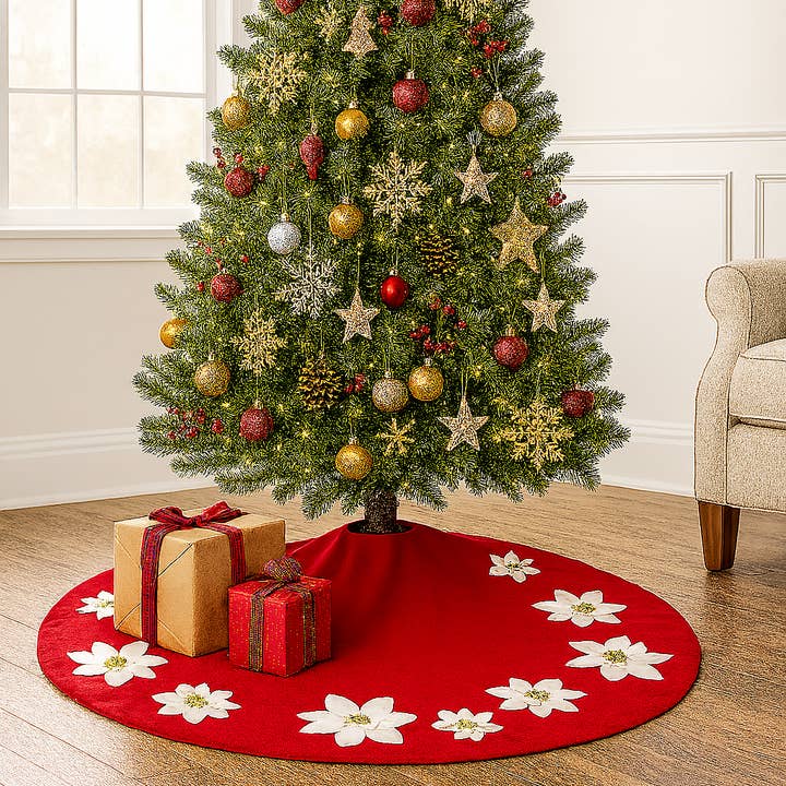 3D Felt Poinsettia Red Gold Belt 53" Christmas Tree Skirt for wholesale by Fennco Styles