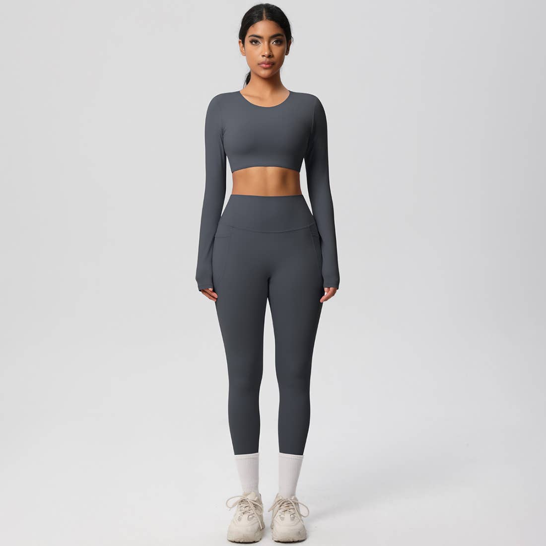 Sodalemon - Wholesale Activewear Set - Women's - Women High-Waist Yoga Set:Cropped Long Sleeve Top + Leggings6