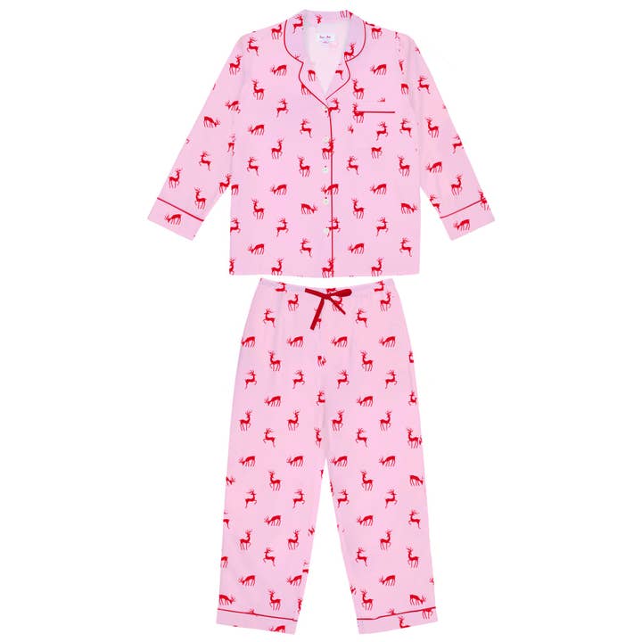 Women's Reindeer Pink Long PJ Set for wholesale by Sant and Abel