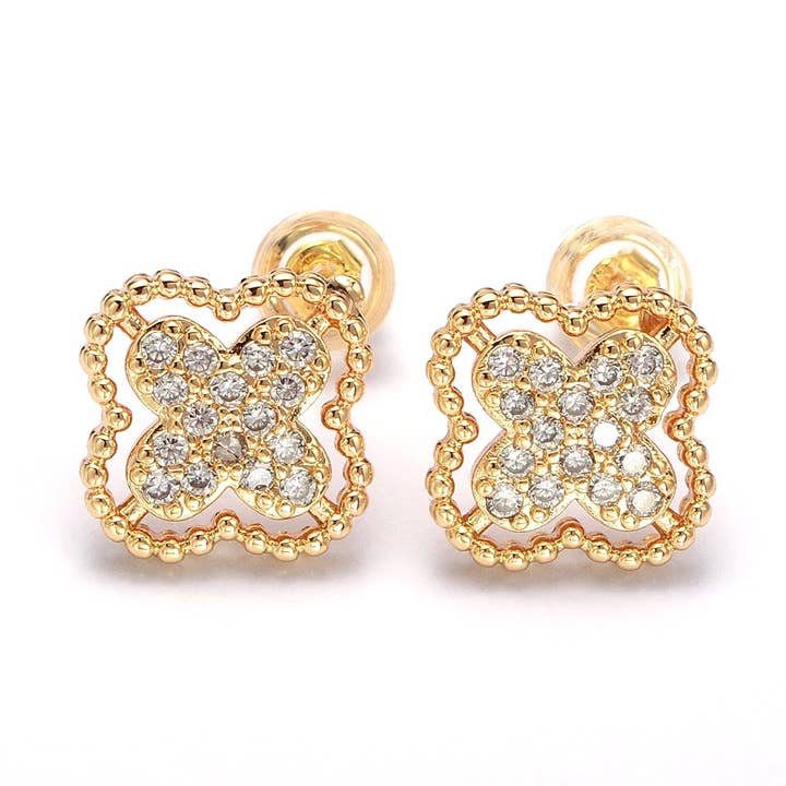Heldere Micro Bezaaide CZ Kralen Quatrefoil Klaver Stud Oorbellen EA-21AB405 voor wholesale door Simply Jewels