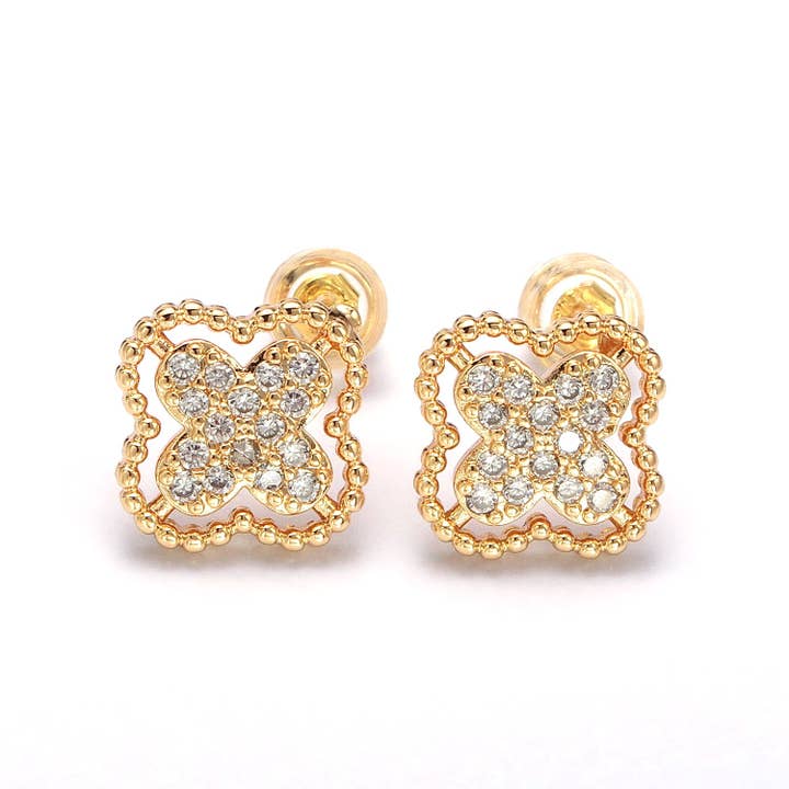 Green, Clear, Pink Micro Paved CZ Beaded Quatrefoil Clover Stud Earrings in Gold & Silver for wholesale by Simply Jewels