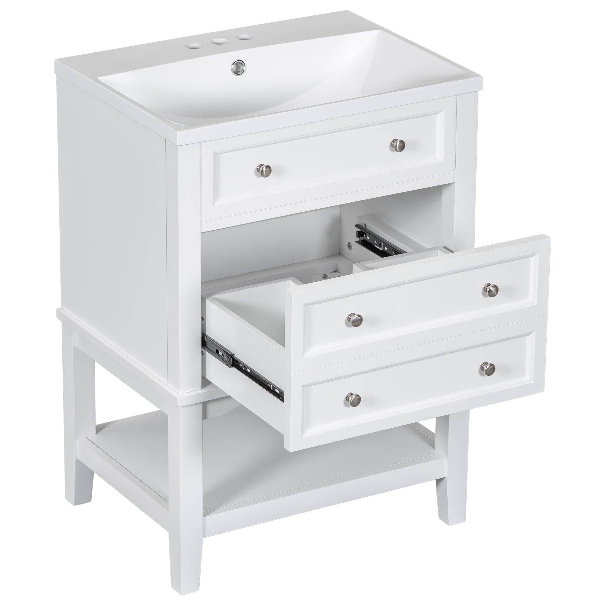 Orange County Decor - Wholesale Cabinet - 24" Bathroom Vanity With Sink, Bathroom Storage Cabinet With Drawer And Open Shelf, Solid Wood Frame, White White Solid Wood Mdf12