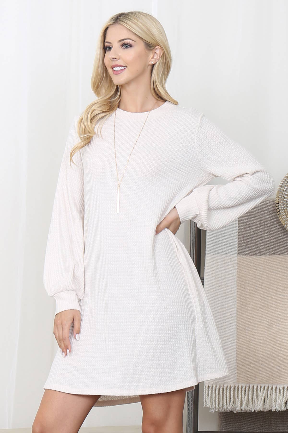 You & Me - Wholesale Dress - Women's - YMD10051V-BRUSHED WAFFLE BUBBLE SLEEVE POCKET DRESS14