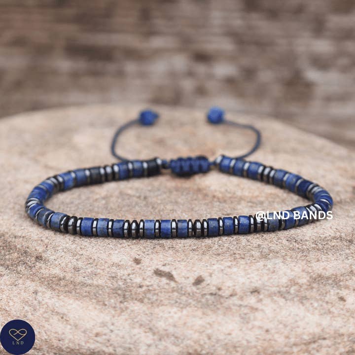 Hematite Lapis Lazuli Bead Bracelet 2x4mm Adjustable Minimalist Yoga Boho Ethnic, Tibetan, September Birthstone for wholesale by LND Bands