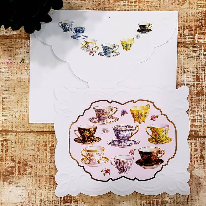 Carol Wilson Fine Arts Inc./For Arts Sake - Wholesale Stationery/Notecard Set - Tea Cups Embossed, Die-cut Boxed Note Cards NCP20493