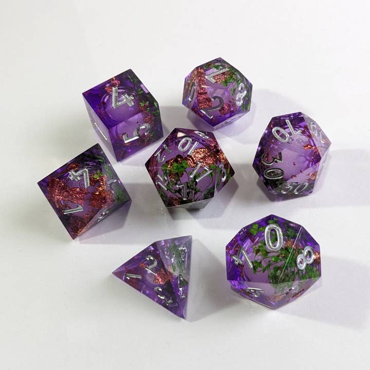 Twilight Trefoil 7-Piece Liquid Core Dice Set for wholesale by EBONWOOD