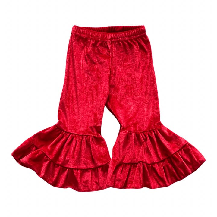 VELVET RUFFLE FLARE PANTS - RED for wholesale by Cowpuncher Babe