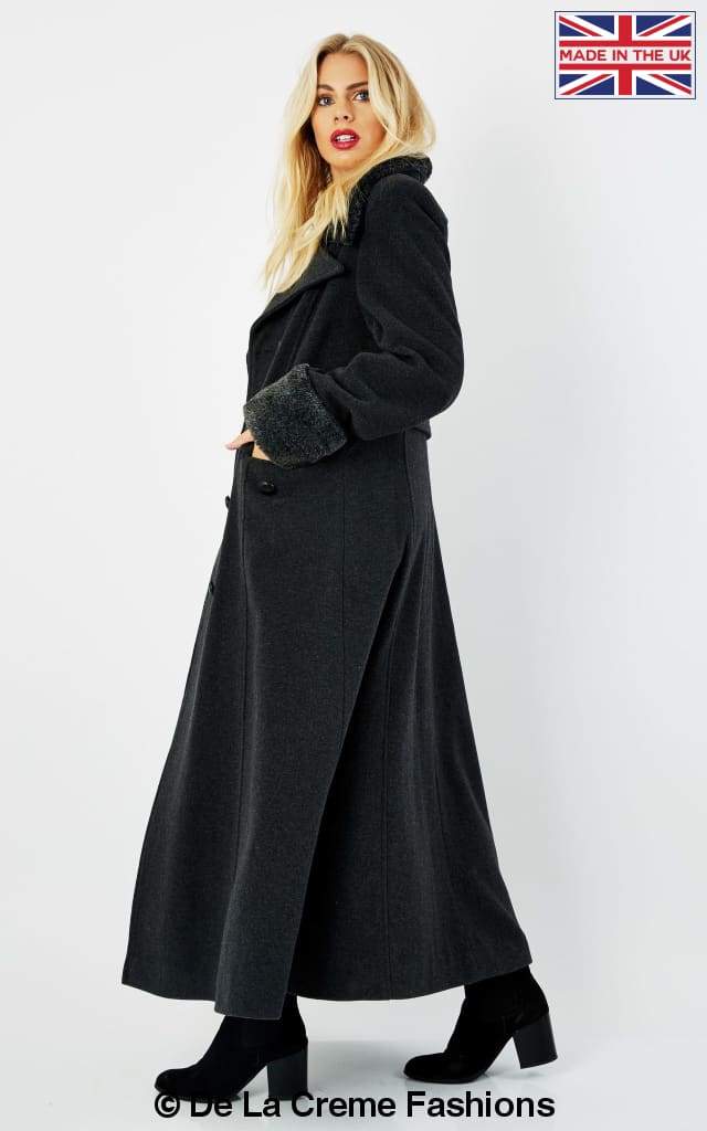 De La Creme Fashions - Venta al por mayor Abrigos de piel/piel sintética - Mujer - Abrigo maxi de mezcla de lana para mujer con cuello y puños de pelo sintético estilo militar5