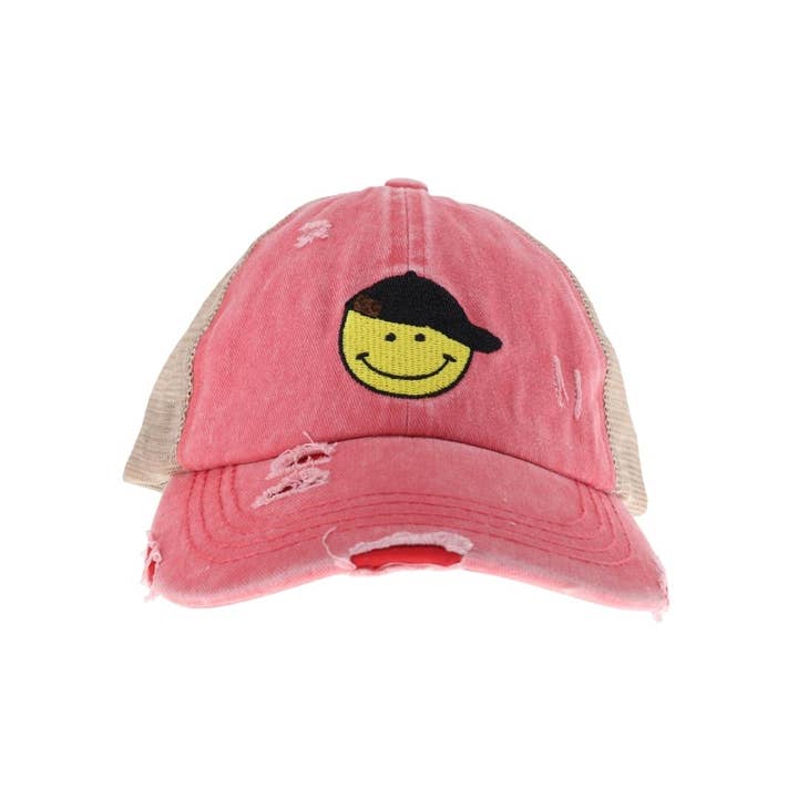 C.C Beanie - Wholesale Ponytail Cap - Women's - C.C Smiley Face Embroidered Criss Cross High Pony C.C Ball C