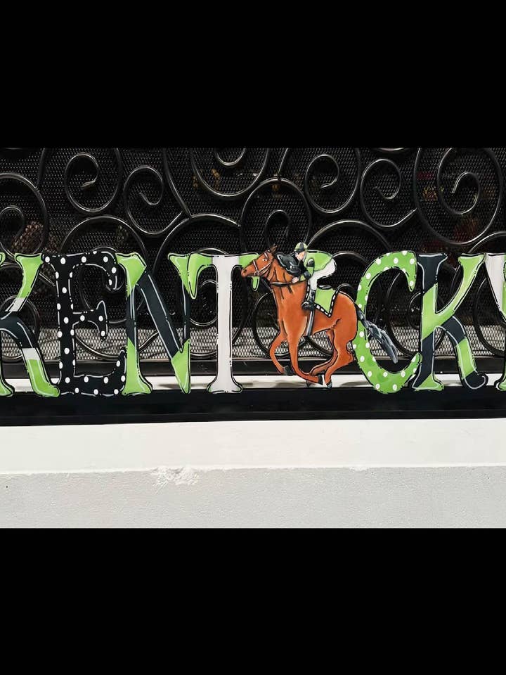 Kentucky Word Shelf Sitter with Horse and Jockey for wholesale by Chelle Belle's Creations