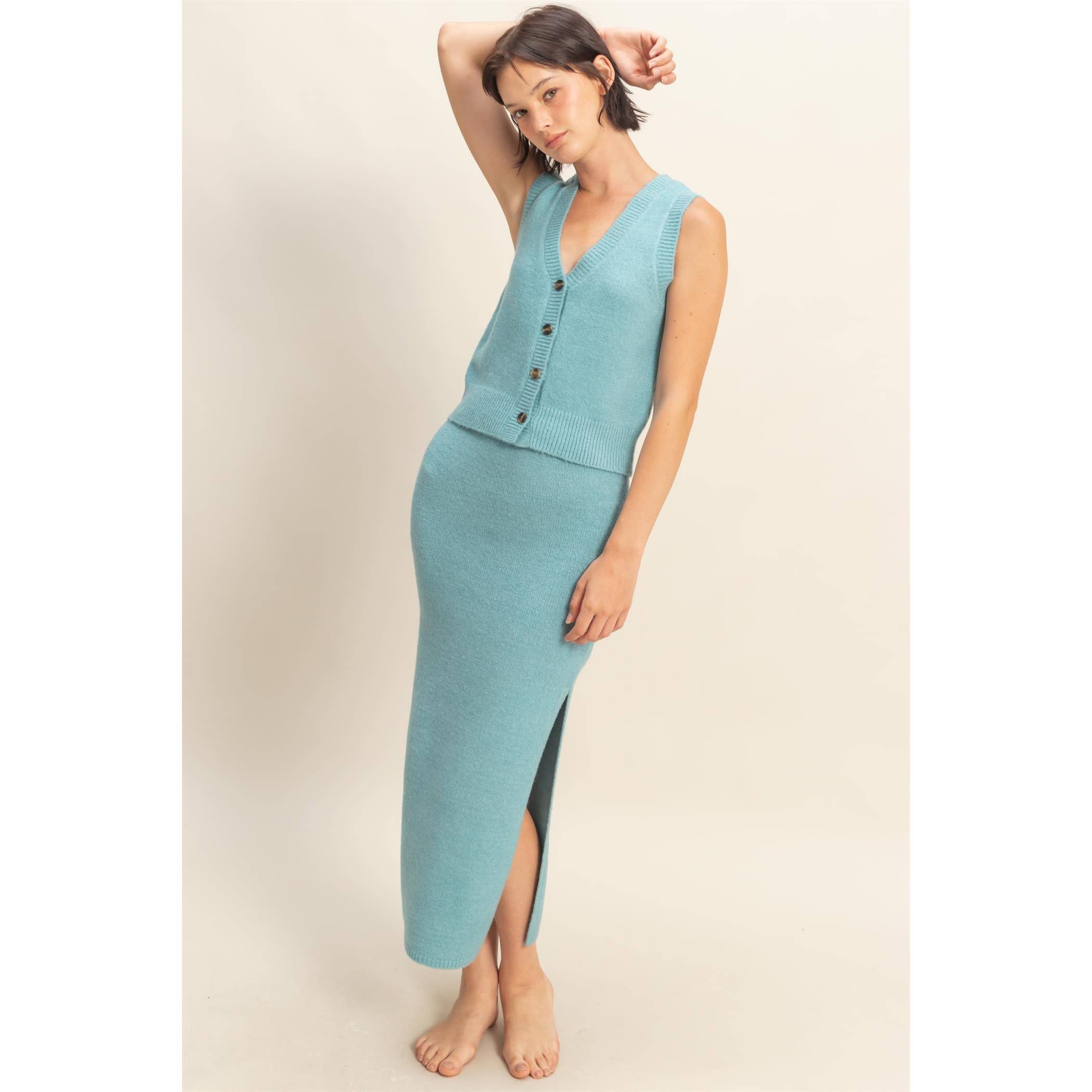 Double Zero - Wholesale Top & Skirt Set - Women's - Button Front Vest & Midi Skirt Knit Set13