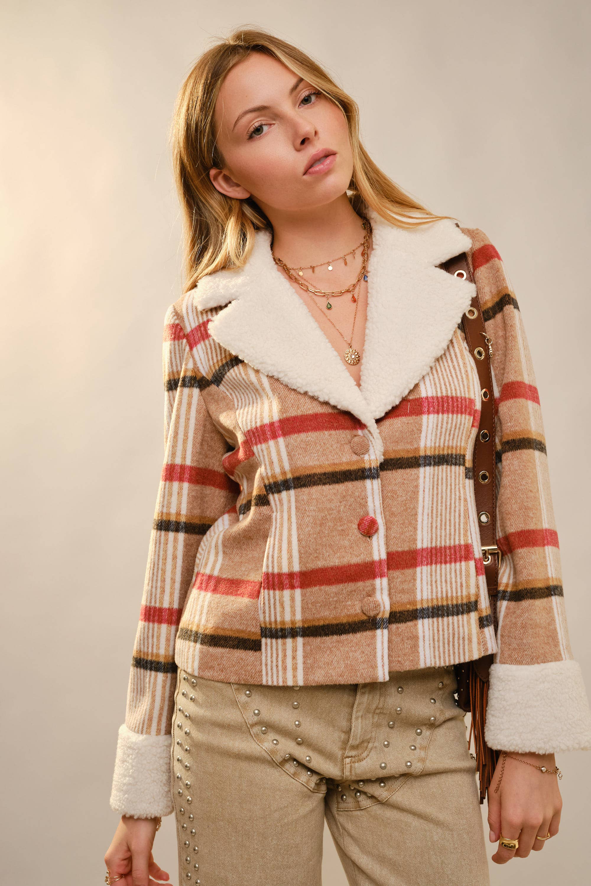 MOCHA MULTI 93711J Sherpa Collar Plaid Jacket for wholesale on Faire0