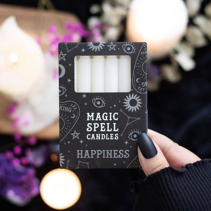 Set of 12 White 'Happiness' Magic Spell Candles for wholesale by Something Different Wholesale