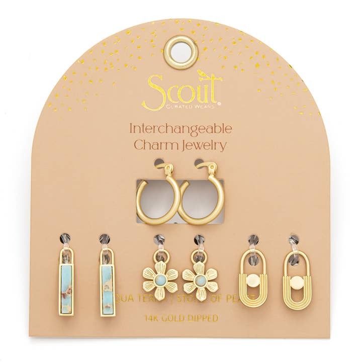 Scout Curated Wears - Wholesale Dangle Earrings - Interchangeable Charm Earring - Aqua Terra/Peace/Gold