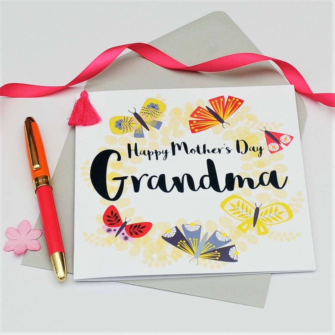 Claire Giles Ltd – wholesale Mother’s Day card – Mother's Day Card, Butterfly Wreath, Grandma, Embellished with a tassel3