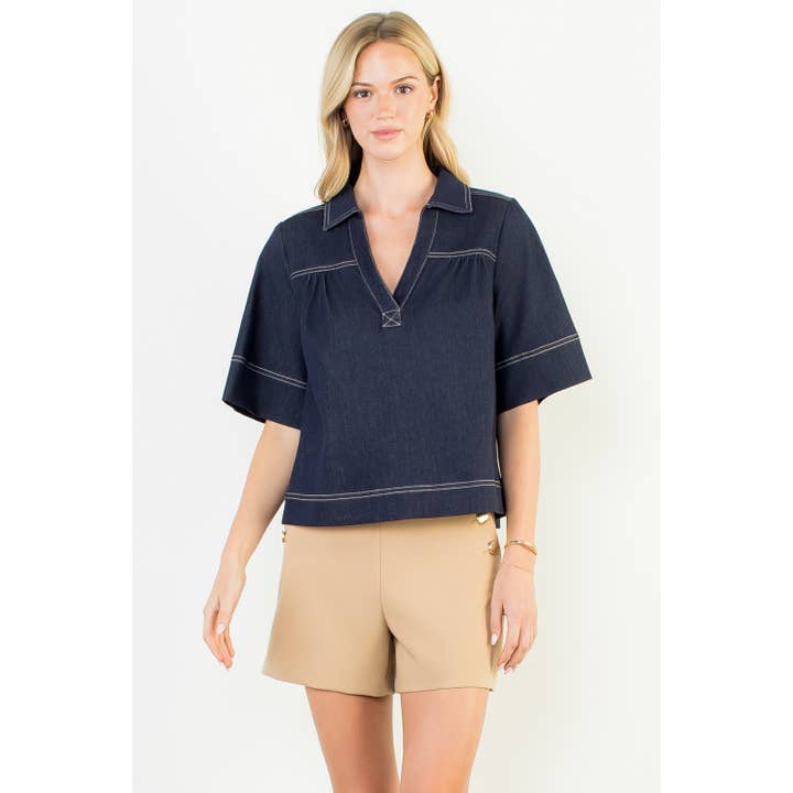 Kurzarm-Denim-Top mit V-Ausschnitt für den Großhandel von THML