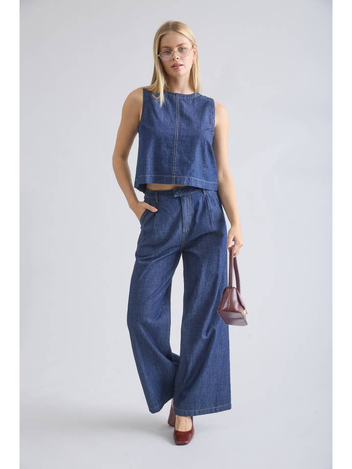 HIGH WAIST PLEATED WIDE LEG DENIM PANTS for wholesale on Faire3