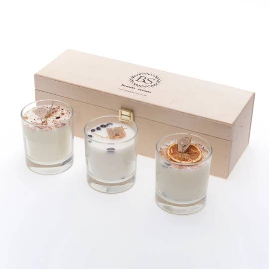 Set de regalo de 3 velas pequeñas diferentes en vidrio para venta al por mayor de Beauty Scents Ltd.