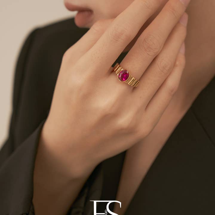 Furano Studio - Wholesale Signet Ring - 18K Gold Plated Red Ruby Signet Ring, Gemstone Signet Ring3