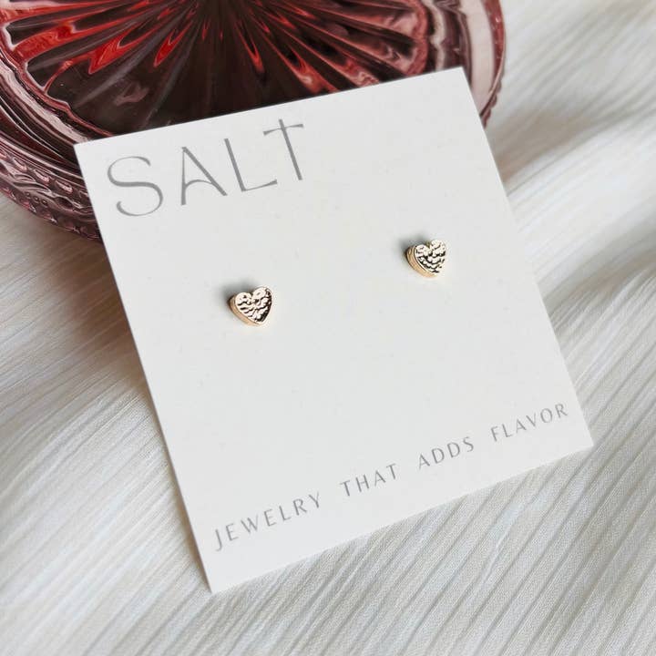 HAMMERED HEART STUDS | 18k gold | dainty heart earrings for wholesale by SALT by Sarah Curtis