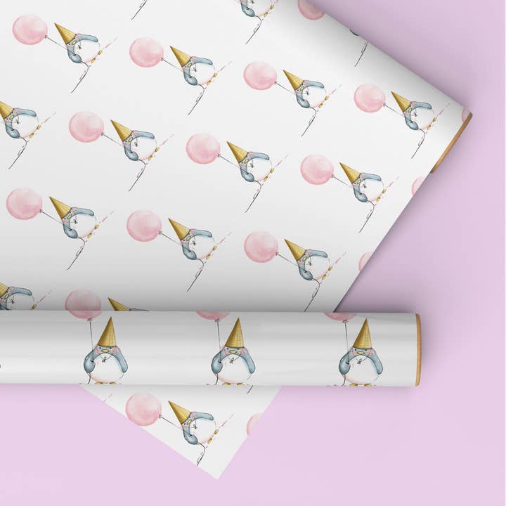 Papel de regalo con forma de pingüino y globo rosa para venta al por mayor de PrettyLittleScribbles