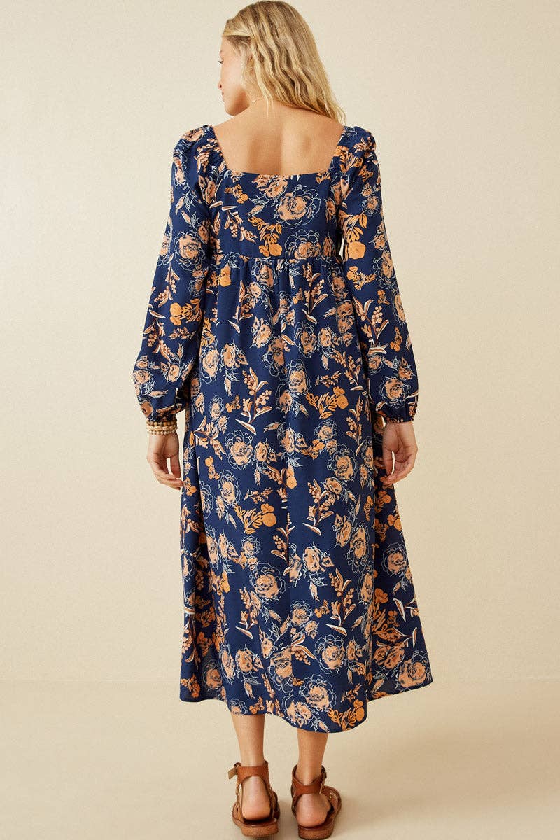 Navy Womens Romantic Floral Square Neck Midi Dress for wholesale on Faire4